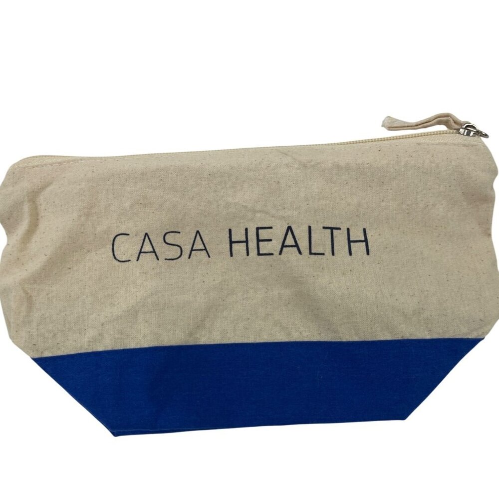 Casa Health Cotton Canvas Zipper Pouch Beige/Blue 10x7 Inches Lightweight 13q